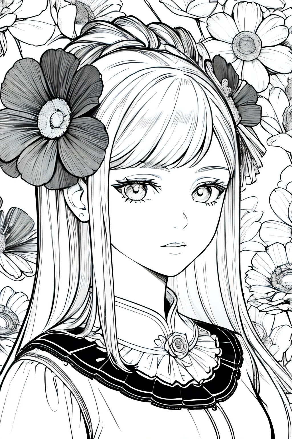 best quality, high resolution, detailed background, high contrast, 1 girl, close-up of the head, floral background, clean line drawings, vibrant colors