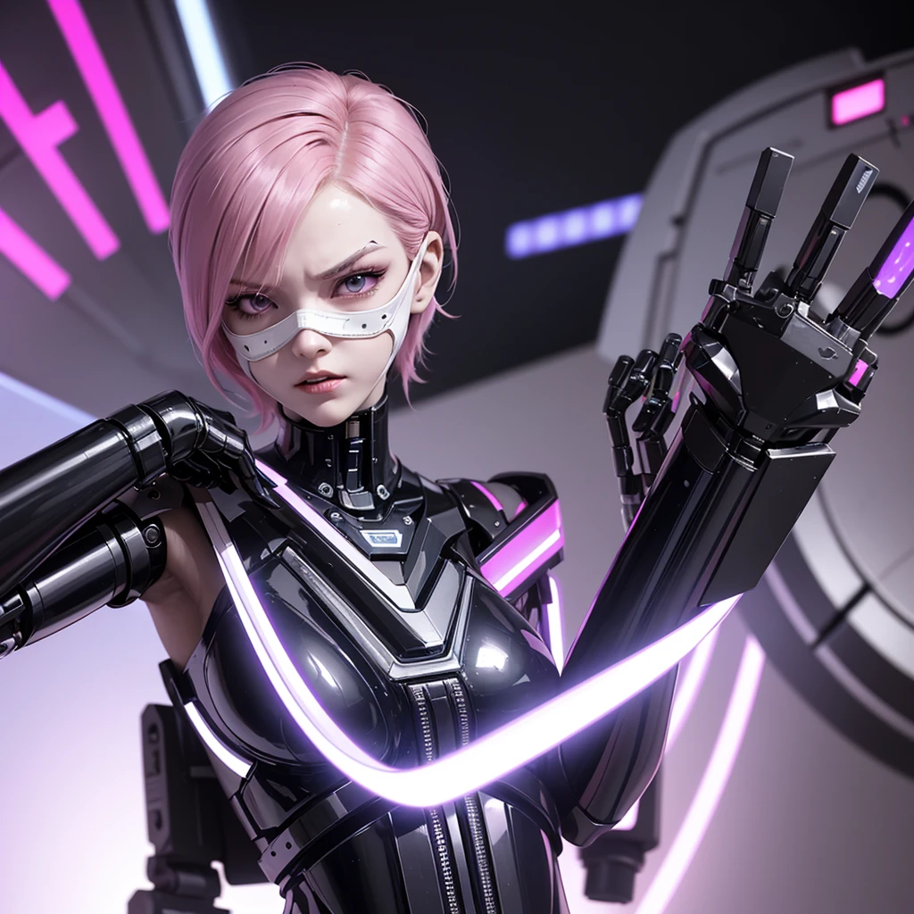a girl with a sleek and attractive robotic body, featuring high-tech components. She has short pink hair, purple eyes, and an angry expression. She is wearing a mask that partially obscures her face, with her polished mechanical limbs and torso emphasizing her allure despite her intense emotions. wearing white masker