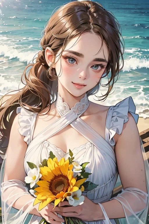 (table top, digital art, digital illustration, 4k, 8k, super detailed, beautiful images, clear image, realistic, RAW photo, perfect face, perfect lines, perfect eyes, soft lighting) 1 female, (light brown hair,chignon hair,innocent look,droopy eyebrows,droopy eyes,With a round face,round chin、innocence,cute,Big eyes,natural makeup,smile gently,E cup,23 years old:1.3),Two handsome men in suits, (human,man wearing a suit,muscular,solid shoulder width,adult male,boyish hairstyle,A man in his 30s with a cool expression,28 year old man with a bright smile:1.2),coastal、beach wedding,(embarrassing,shy smile,bouquet:1.2),Sea side、kiss、Couple kiss、romance porn、couple looking at each other、couple hugging each other