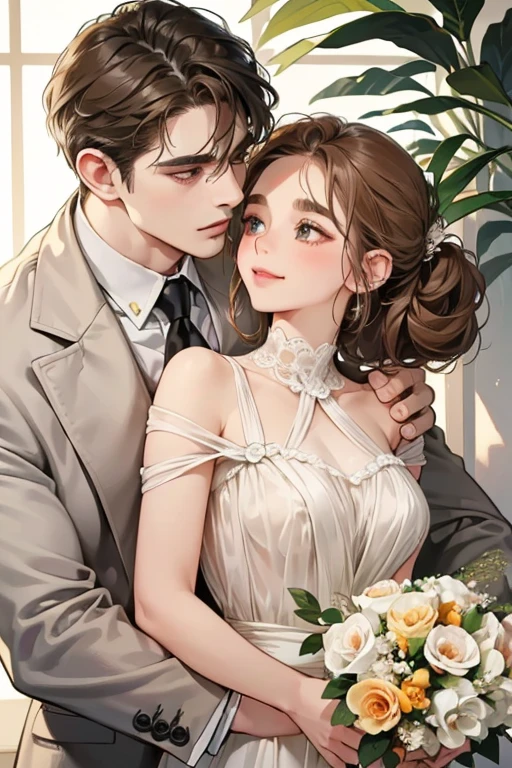 (table top, digital art, digital illustration, 4k, 8k, super detailed, beautiful images, clear image, realistic, RAW photo, perfect face, perfect lines, perfect eyes, soft lighting) 1 female, (light brown hair,chignon hair,innocent look,droopy eyebrows,droopy eyes,With a round face,round chin、innocence,cute,Big eyes,natural makeup,smile gently,E cup,23 years old:1.3),Two handsome men in suits, (human,man wearing a suit,muscular,solid shoulder width,adult male,boyish hairstyle,A man in his 30s with a cool expression,28 year old man with a bright smile:1.2),coastal、beach wedding,(embarrassing,shy smile,bouquet:1.2),Sea side、kiss、Couple kiss、romance porn、couple looking at each other、couple hugging each other