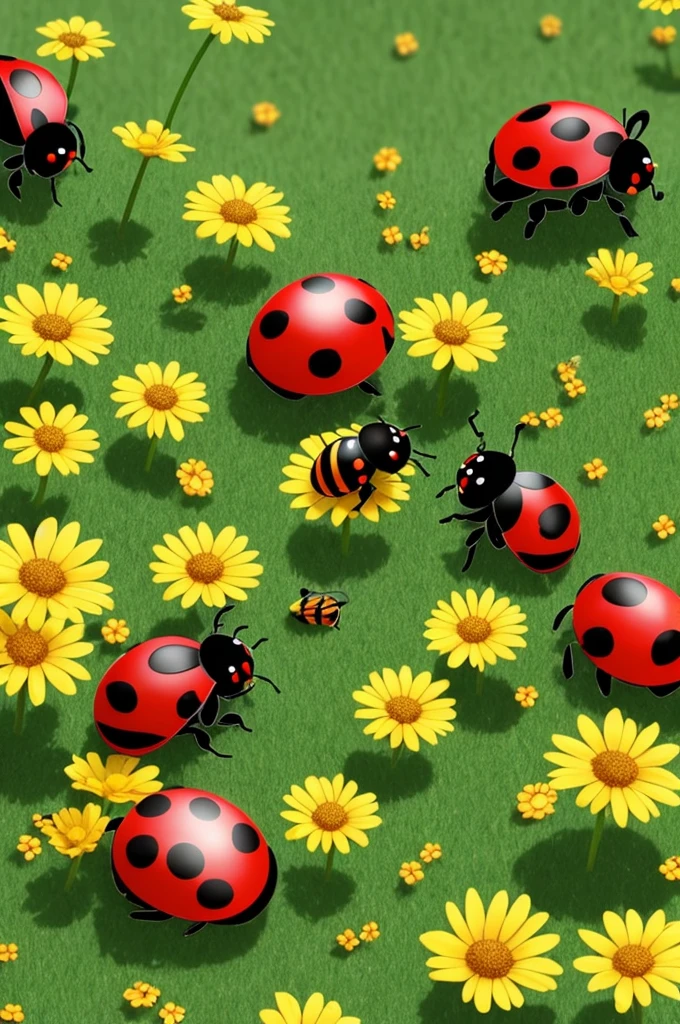 bees and ladybug pollonating a flower cartoon) with ladybug
