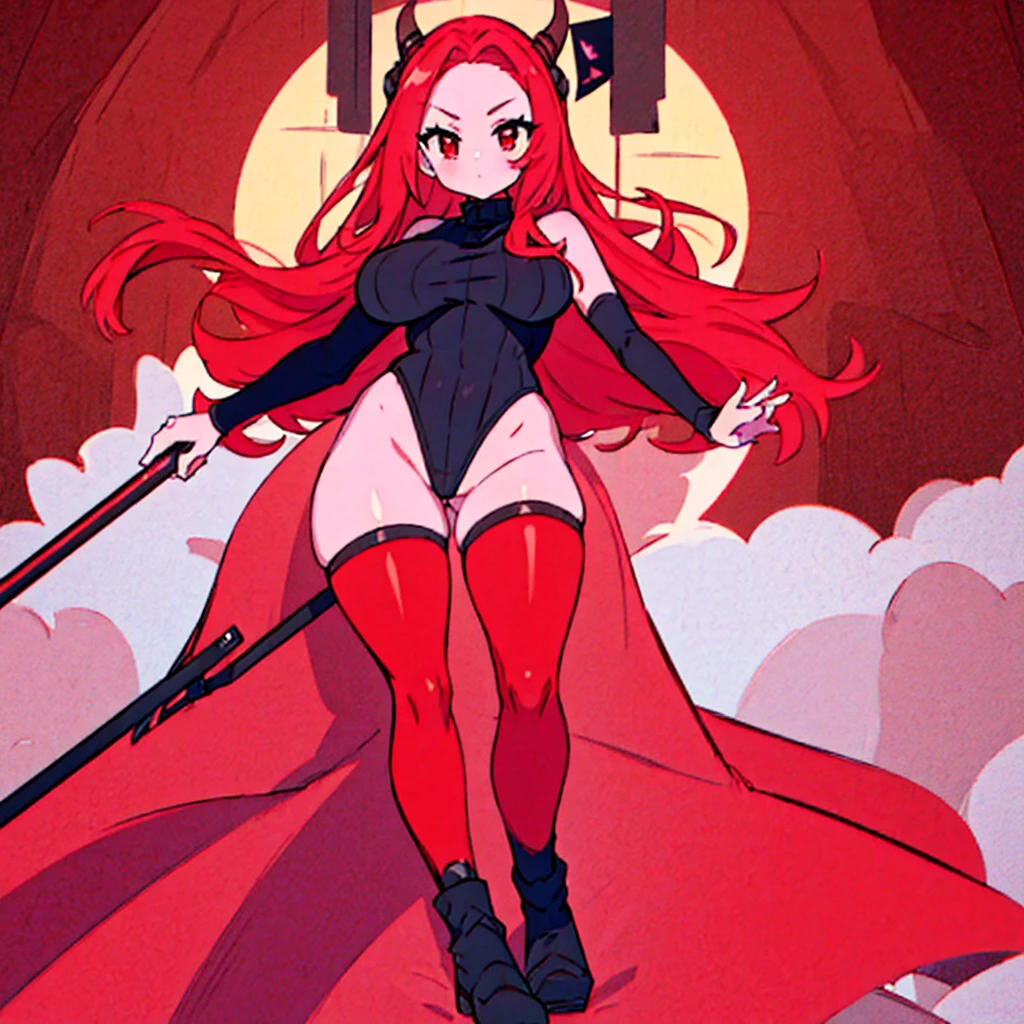 Highest quality, anime, 1girl, solo, red hair, red eyes, large breasts, black turtleneck ribbed leotard, thigh highs, thick thighs, wide hips, plump, red skin, horns, demon tail