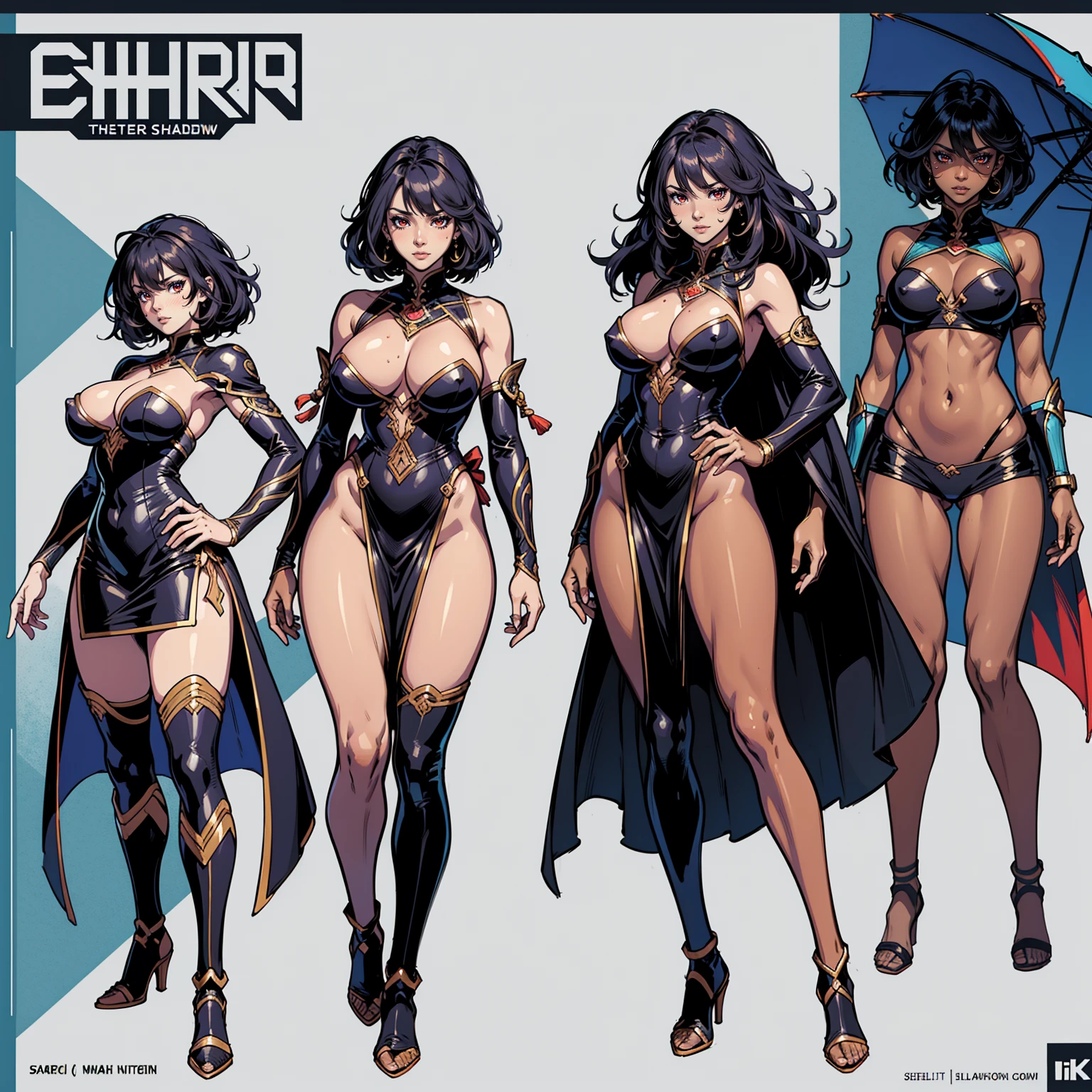 Masterpiece, Ultra extremely detailed, Insanely Definition - quality, 8k, (vibrant colors,vibrant theme), (intricate), full body , NSFW African Woman, dark toned skin, huge breast, athletic, dark dress, sweating , sea, dolphin , full body view, full shot, front view, back view, character design, character sheet, red eyes, strong highlights, sharp outlines, sharp shadows, 8k, high quality, solid white background, cell shading ,perfect body curve, full character sheet, full body, multiple poses and expression on white background, comic book art style