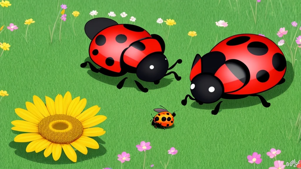 bees and ladybug pollonating a flower cartoon) with ladybug