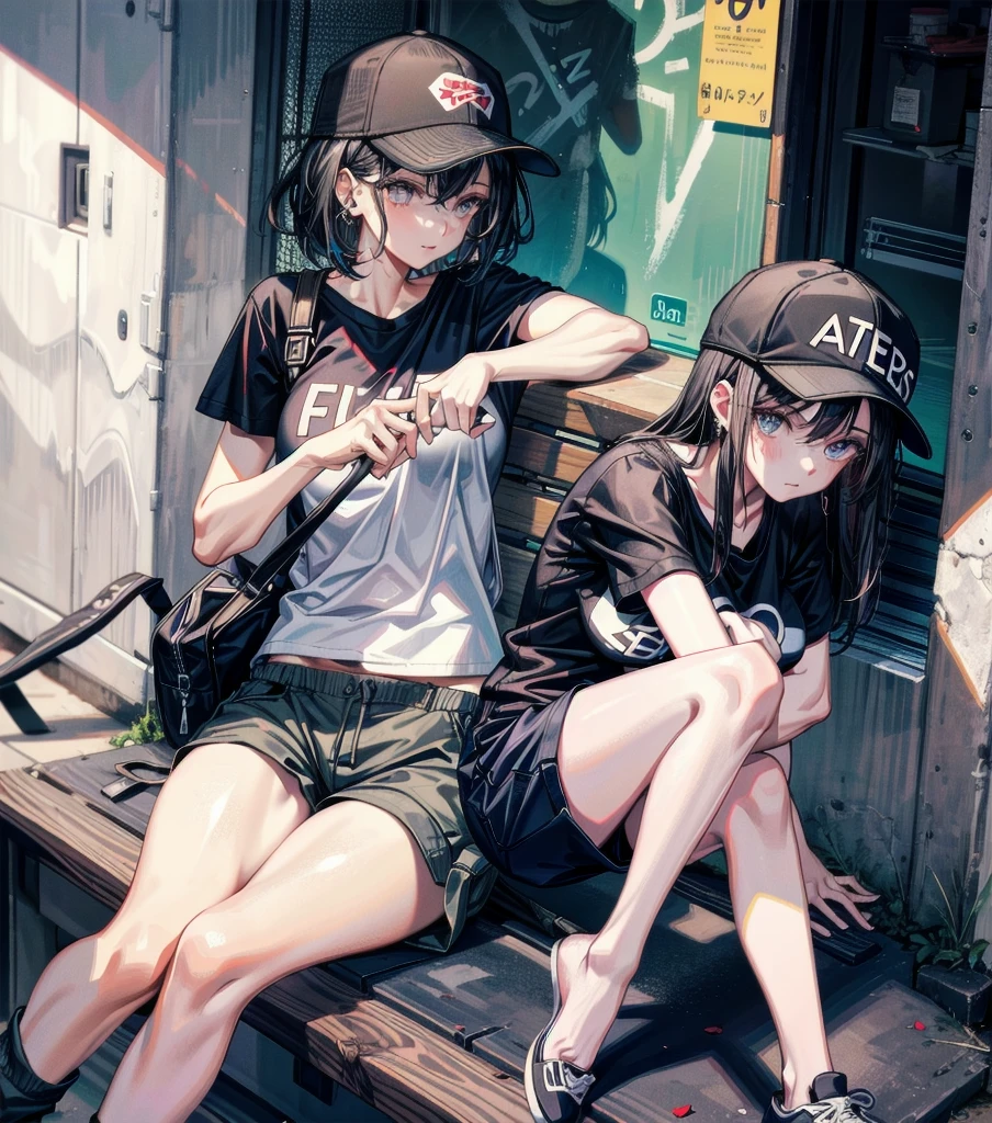 whole body, girls, big tits, medium hair, black hair, tearful mole, earring, baseball cap, black T-shirt, cargo shorts,