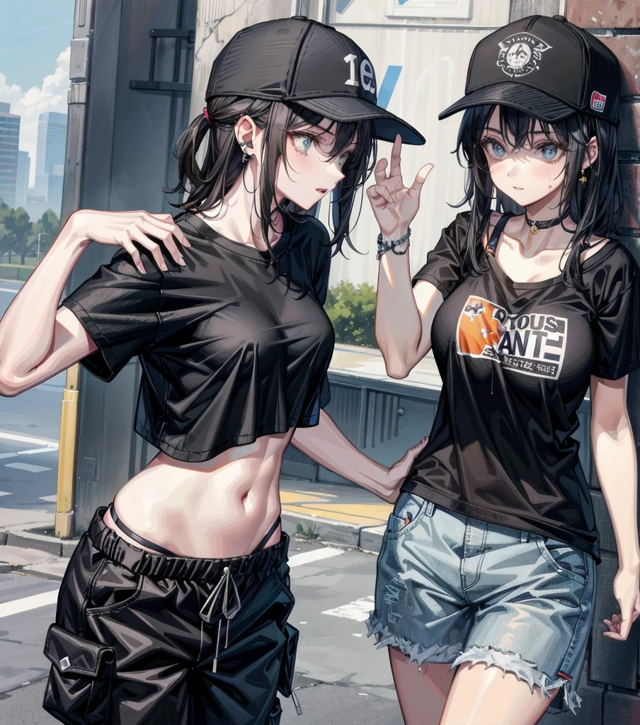 whole body, girls, big tits, medium hair, black hair, tearful mole, earring, baseball cap, black T-shirt, cargo shorts,