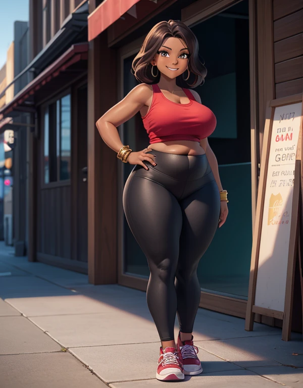 ((Masterpiece)), ((Best Quality)), (4K quality), CARTOON, ANIME, CARTOON ARTSTYLE, (half-body-shot (front shot):1.3),(Detailed face:1.2), (Detailed eyes:1.2), (Perfect figure:1.2), ultra-detailed, 1girl, alone, Latina, mature female, (dark-skinned female:1.5), long brown hair, (Wearing: red tank-top, black leggings, golden bracelets, sneakers:1.2), looking from behind, wide smile, thrilled expression, teeth, sexy, very beautiful face, Oversize, Overweight, thick lips, (plump figure and wide frame:1.2), medium breasts, fat rolls, belly rolls, muffin top, big deep navel, tight out, love handles, wide hips, wide waist, wide load butt, thick thighs, ass view, walking down the streets of Los Angeles.