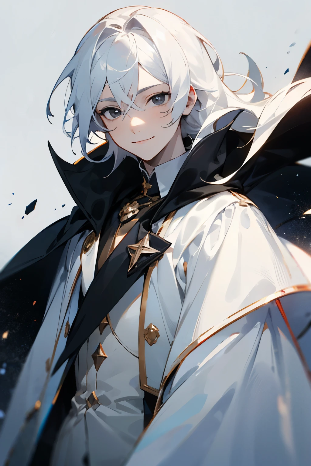 Young Male with pale skin, long White hair, Black eyes with star-shaped pupils, a long Black cape, White gloves, White clothes. With a prideful smile in his face