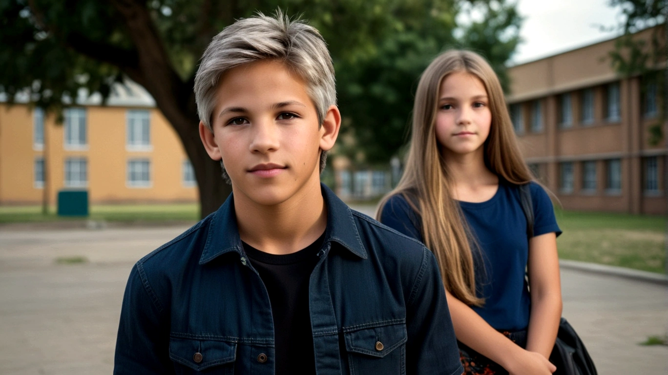 a young man called lineker, 15 years old, he has a face similar to Jon Bom Jovi, he has light hair, brown eyes, black blouse, black pants, black sneakers, at school meeting a girl called Jessica, 11 years old, she has a face similar to jon bom jovi she has light hair, brown eyes, black blouse, black pants, blue sneakers