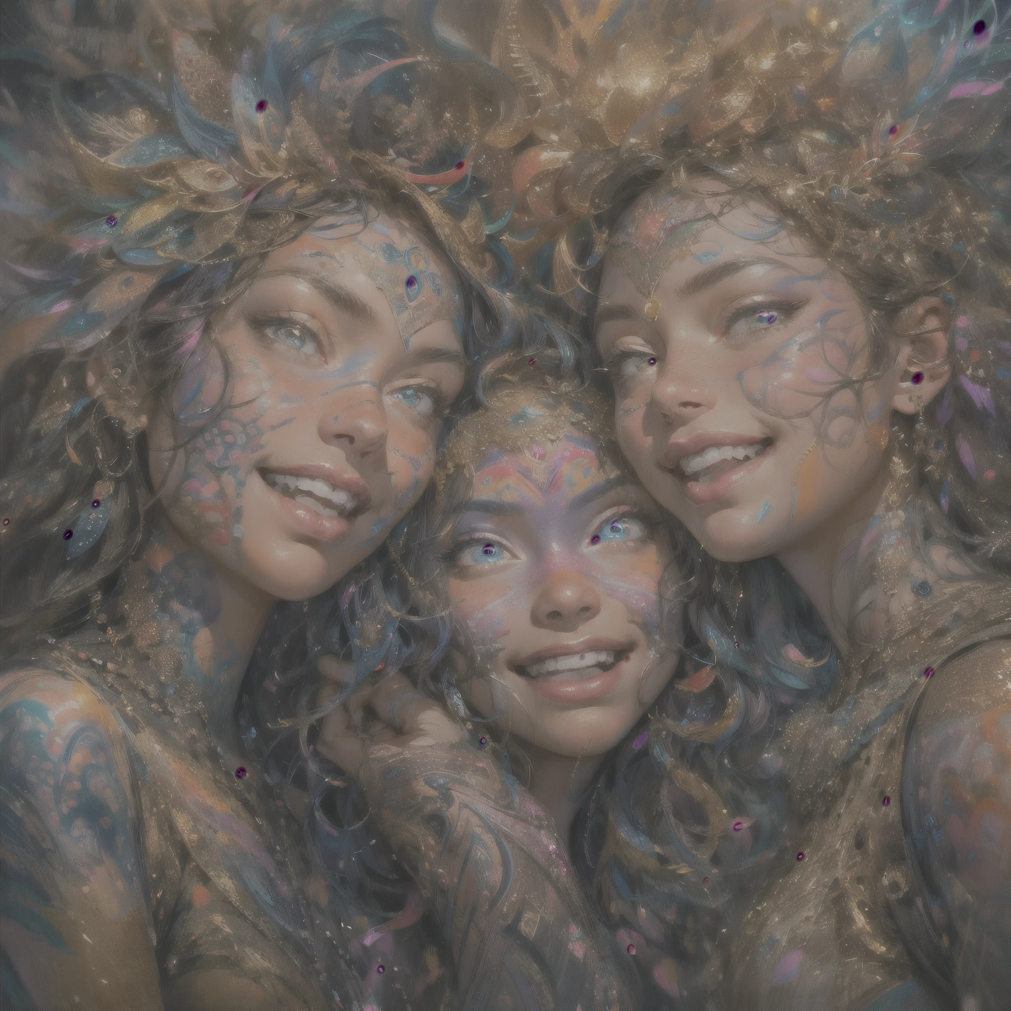 a surreal psychedelic artwork, three extremely beautiful young women in body painting laughing, erotic atmosphere, (best quality,4k,8k,highres,masterpiece:1.2),ultra-detailed,(realistic,photorealistic,photo-realistic:1.37),hyperdetailed faces, intricate details, vibrant colors, dramatic lighting, dreamlike surreal setting, ethereal atmosphere, sensual poses, high fashion lingerie, glossy skin, long flowing hair, alluring expressions