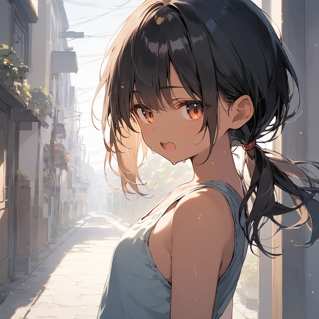 score_9, score_8_up, score_7_up, source_anime, best quality, masterpiece, official art, absurdres, highres, ultra-detailed,waifu2x,Collection: Slice of Life,break,1girl, tomboy, dark-skinned female, short hair, low ponytail, flat chest, beautiful detailed eyes, short shorts, sweat, open mouth, (yawn:0.3), sleepily, outdoors, wind, break,(clear line illustration:1.2),very high resolution, very aesthetic, super detailed skin, Best sexual lighting powered by famous artist, 8k,cute picture,beauty illustration,photoshop_(medium),,(Detailed Lighting),best anime 8k konachan wallpaper, pixiv contest winner,