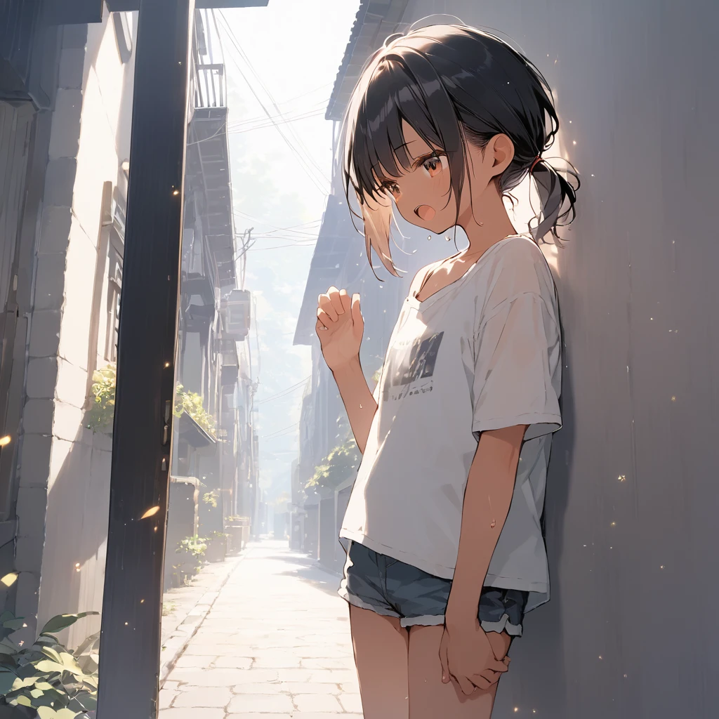 score_9, score_8_up, score_7_up, source_anime, best quality, masterpiece, official art, absurdres, highres, ultra-detailed,waifu2x,Collection: Slice of Life,break,1girl, tomboy, dark-skinned female, short hair, low ponytail, flat chest, beautiful detailed eyes, short shorts, sweat, open mouth, (yawn:0.3), sleepily, outdoors, wind, break,(clear line illustration:1.2),very high resolution, very aesthetic, super detailed skin, Best sexual lighting powered by famous artist, 8k,cute picture,beauty illustration,photoshop_(medium),,(Detailed Lighting),best anime 8k konachan wallpaper, pixiv contest winner,