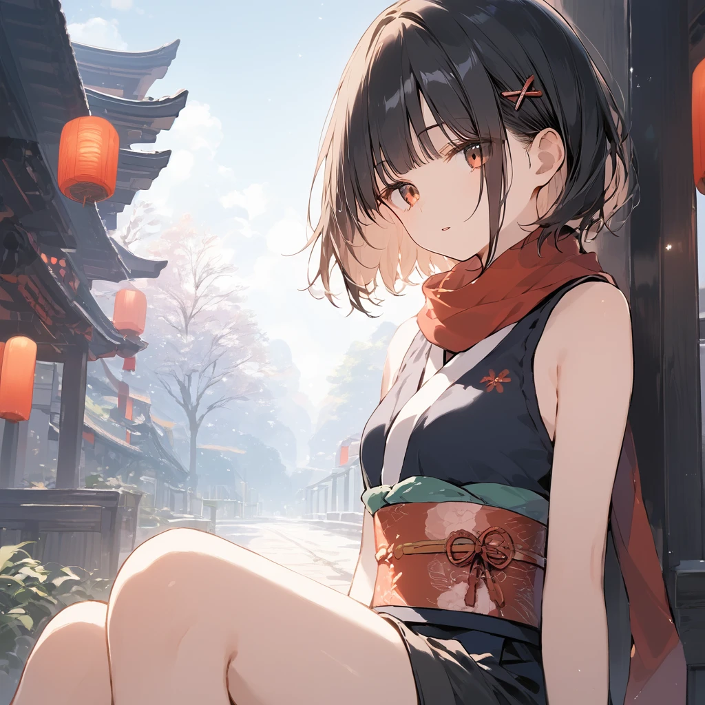 score_9, score_8_up, score_7_up, source_anime, best quality, masterpiece,ultra-detailed,official art, absurdres, highres, waifu2x, break,1girl, ninja girl, short hair, blunt bangs, small breasts,beautiful detailed eyes, expressionless, parted lips, sleeveless,obi, shorts, scarf, night, outdoors, break,(clear line illustration:1.2),very high resolution, very aesthetic, super detailed skin, Best cinematic lighting powered by famous artist, 8k,cute picture,beauty illustration,photoshop_(medium),,(Detailed Lighting),best anime 8k konachan wallpaper, pixiv contest winner,