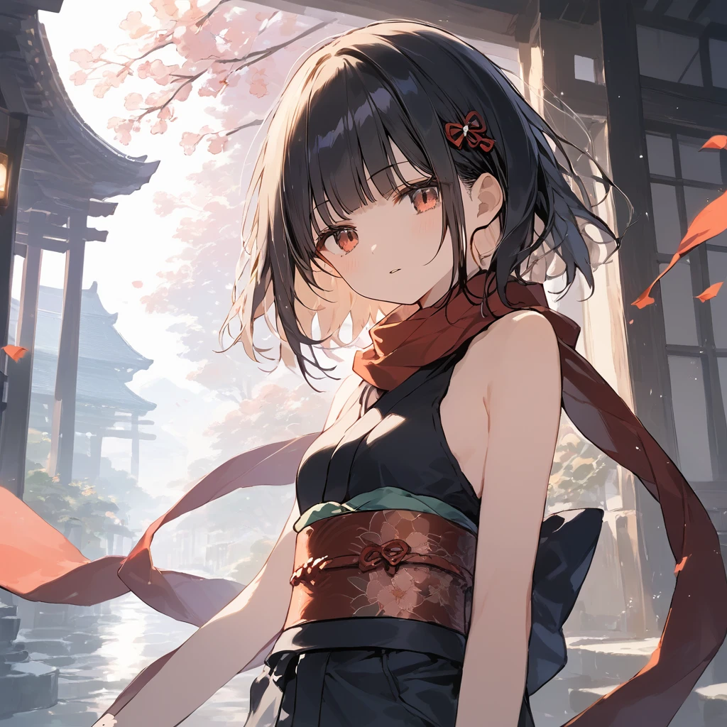 score_9, score_8_up, score_7_up, source_anime, best quality, masterpiece,ultra-detailed,official art, absurdres, highres, waifu2x, break,1girl, ninja girl, short hair, blunt bangs, small breasts,beautiful detailed eyes, expressionless, parted lips, sleeveless,obi, shorts, scarf, night, outdoors, break,(clear line illustration:1.2),very high resolution, very aesthetic, super detailed skin, Best cinematic lighting powered by famous artist, 8k,cute picture,beauty illustration,photoshop_(medium),,(Detailed Lighting),best anime 8k konachan wallpaper, pixiv contest winner,