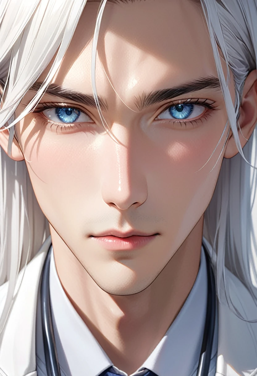 Highest quality、masterpiece、Handsome man、White Hair、Straight Hair、doctor's white coatを着ている、Face close up、Blue Eyes