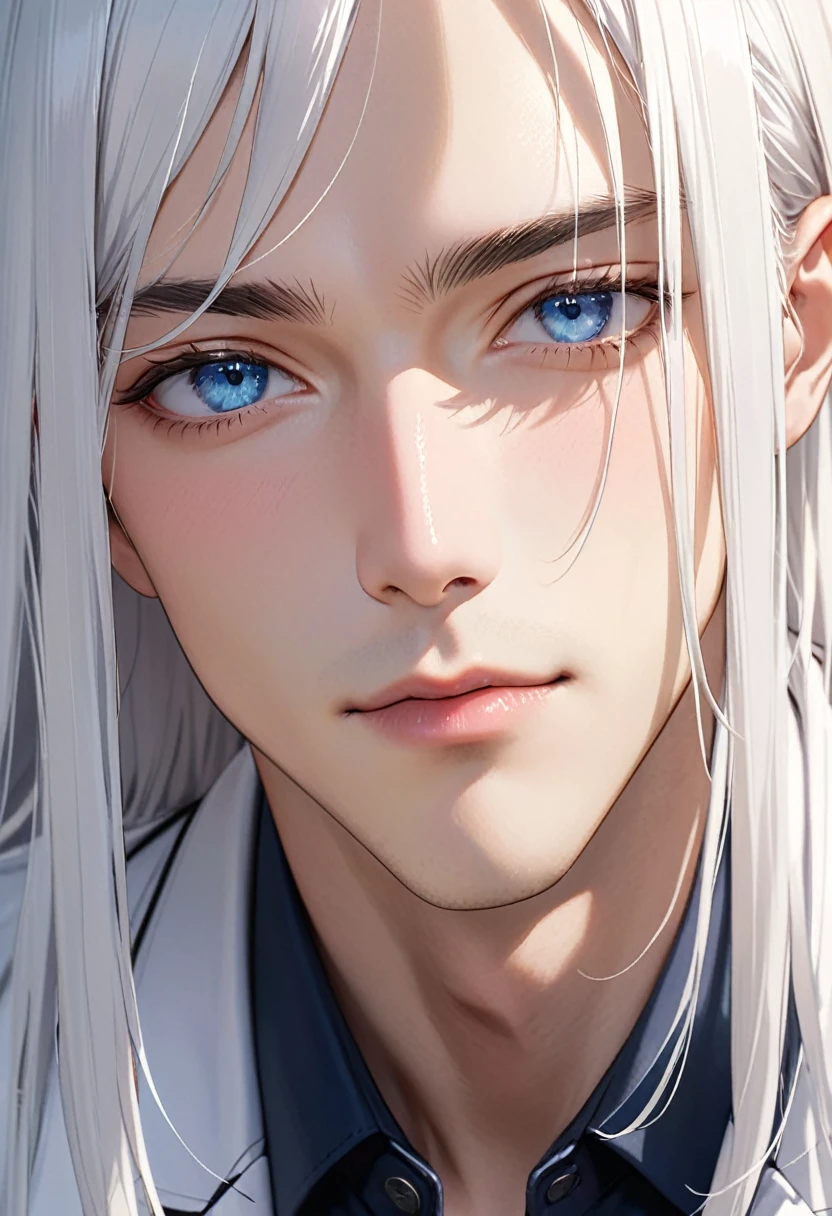 Highest quality、masterpiece、Handsome man、White Hair、Straight Hair、doctor's white coatを着ている、Face close up、Blue Eyes