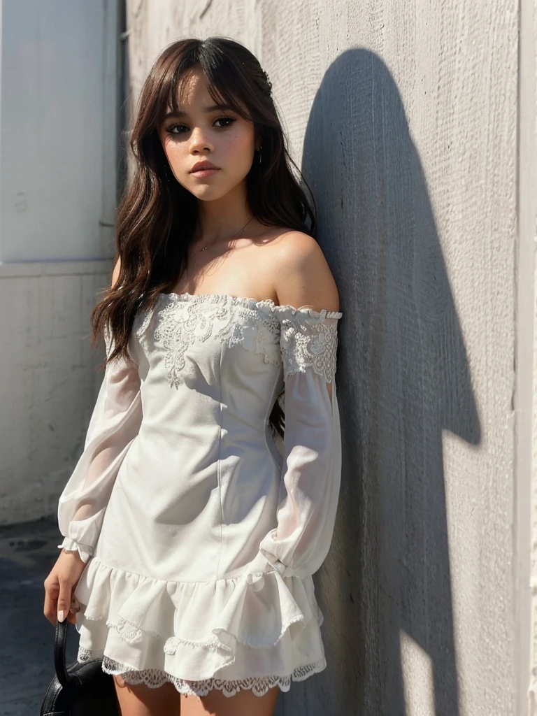 jenna_ortega wearing white lacy off shoulder dress, long hair, eyeliner,
upper body, solid wall background,