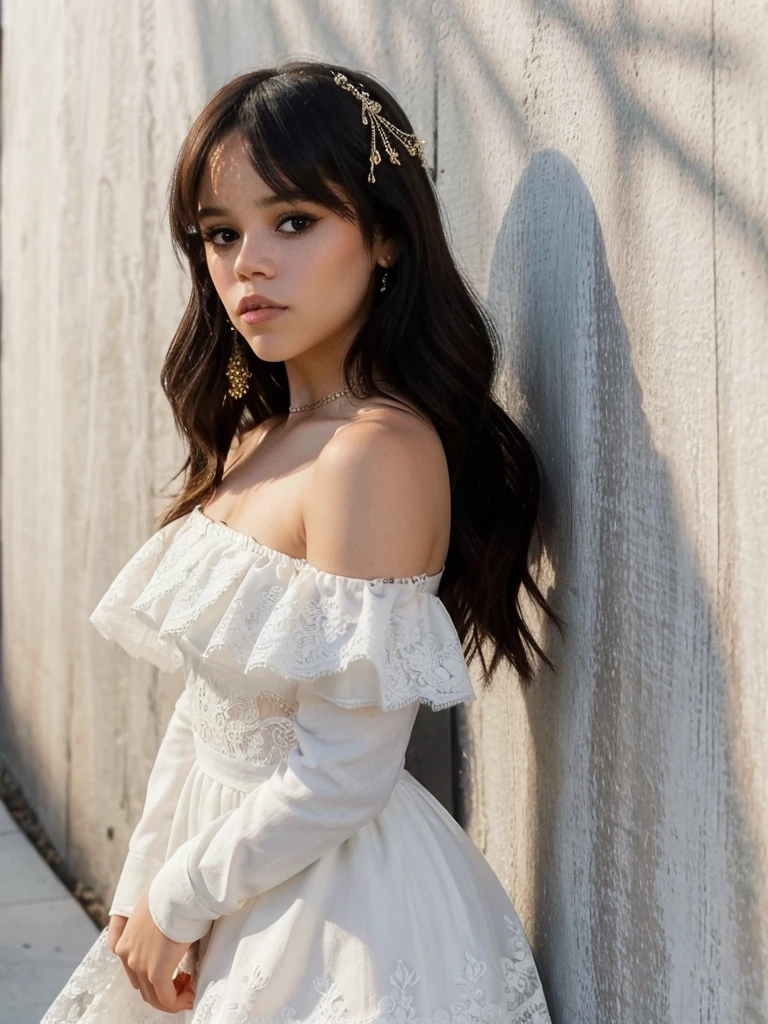 jenna_ortega wearing white lacy off shoulder dress, long hair, eyeliner, 
upper body, solid wall background, 
 