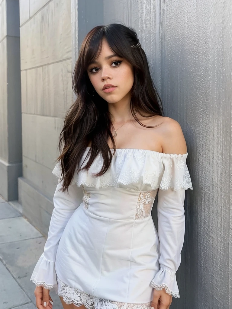 jenna_ortega wearing white lacy off shoulder dress, long hair, eyeliner, 
upper body, solid wall background, 
 