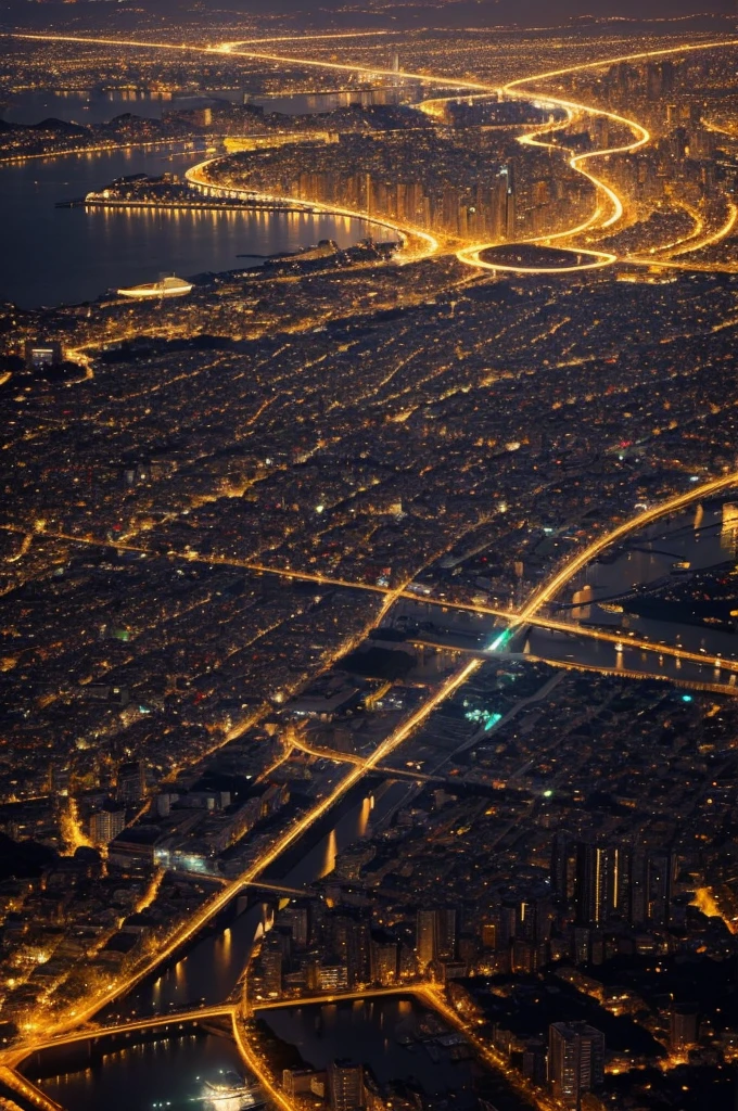 Uma cidade iluminanda em uma noite chuvosa