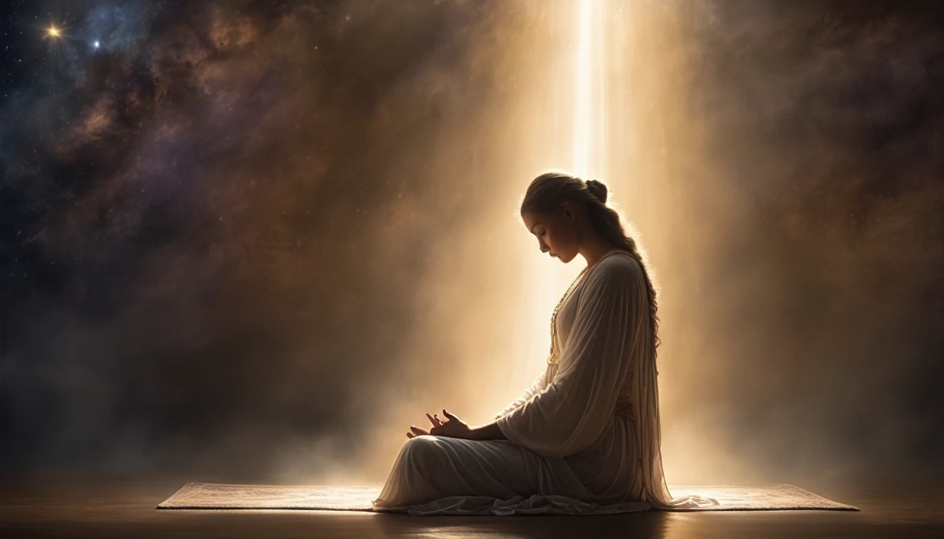 solo，front view，In the stillness of the night, a figure on their knees emerges, lost in deep prayer against a backdrop of divinity. The ethereal atmosphere is bathed in soft directional light--a gentle illumination that casts elongated shadows--an AR 3:2 ratio frame captures this humble scene. The light source, with a softness setting of 250 and a secondary light setting of low intensity, envelops the figure in a heavenly glow, inviting an almost spiritual connection with the audience--a masterpiece of nocturnal prayer.Xill