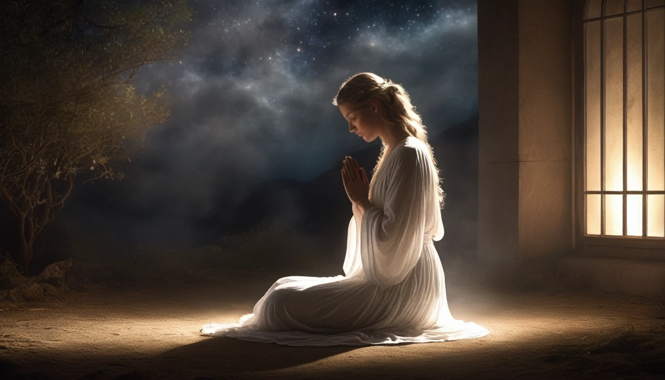 solo，front view，In the stillness of the night, a figure on their knees emerges, lost in deep prayer against a backdrop of divinity. The ethereal atmosphere is bathed in soft directional light--a gentle illumination that casts elongated shadows--an AR 3:2 ratio frame captures this humble scene. The light source, with a softness setting of 250 and a secondary light setting of low intensity, envelops the figure in a heavenly glow, inviting an almost spiritual connection with the audience--a masterpiece of nocturnal prayer.Xill