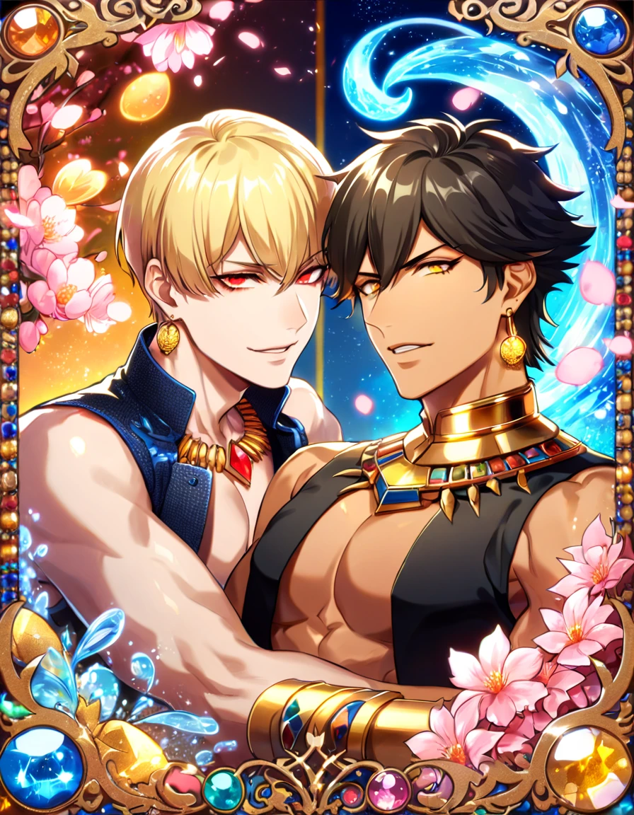 absurdres, highres, ultra detailed, HDR, master piece, best quality, extremely detailed face, delicated features, (caster) Gilgamesh, blonde hair, expressive red eyes, fate grand order, Ozymandias, black hair, expressive yellow eyes, two sexy men together, gay couple, yaoi, handsome, toned chest, arabian, golden earrings, jewelry, cropped black vest sleeveless, water, blossoms, pink flowers, pink butterflies, fantasy, magic, radiant