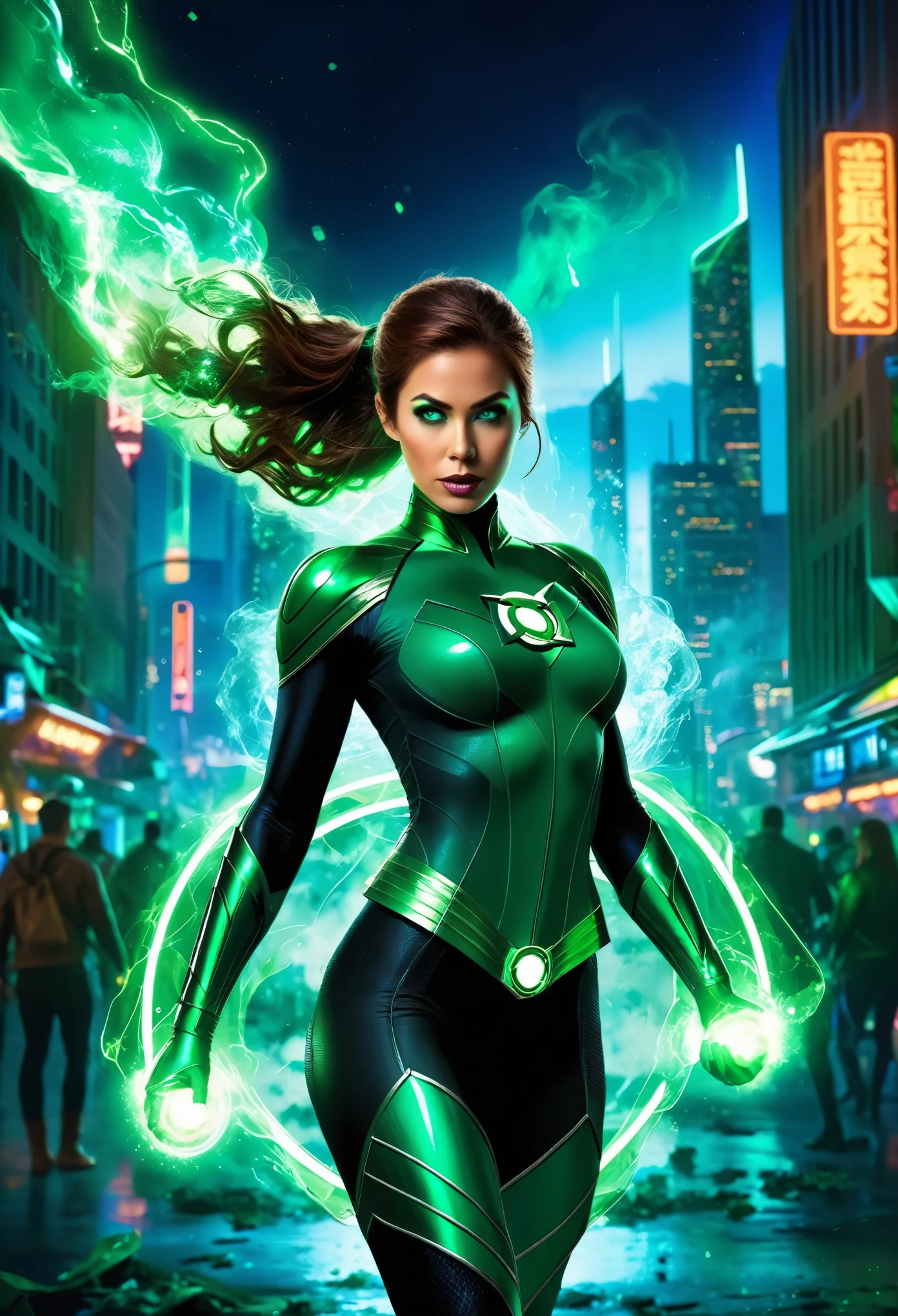 Scenes, Woman dressed as DC Green Lantern, Extremely detailed, Future Cityscape, at night, Glowing neon lights, smokes, spark, Metal shavings, Flying debris, blue energy effects, Volumetric Light