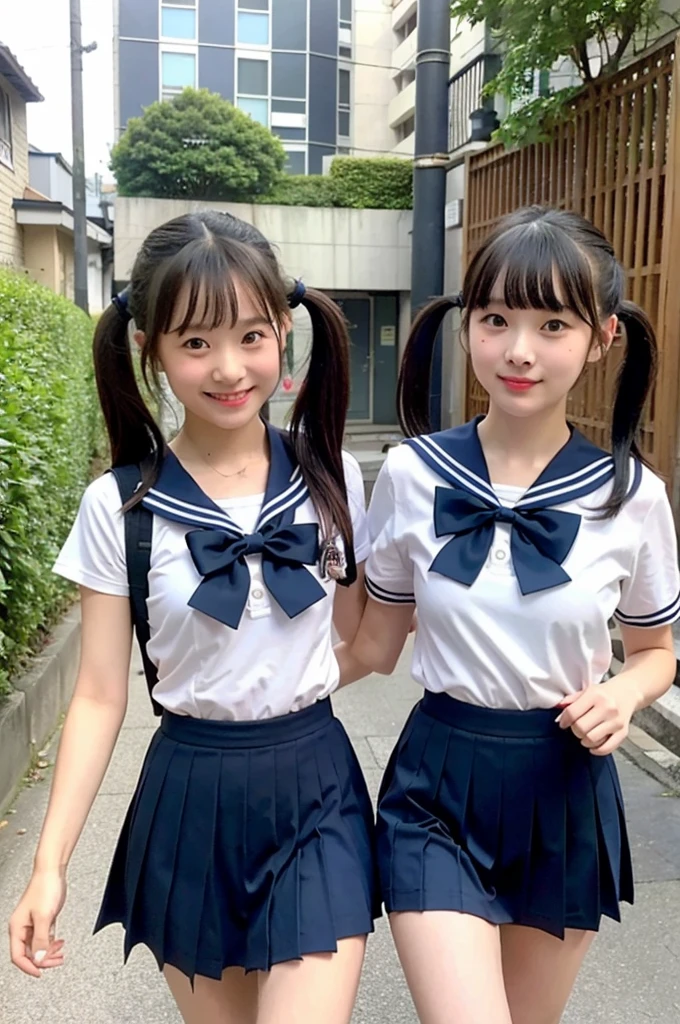 2 girls walking in Japanese street,short-sleeved white sailor leotard with navy blue skirt frills,red bow tie,school bags,18-year-old,bangs,a little smile,large bare thighs,knees,legs apart,short hair with low pigtails,from before,front light