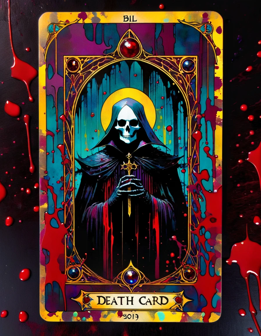 a tarot card depicting the death card, detailed dark gothic tarot card frame, vivid colors, blood splatter, art inspired by Bill Sienkiewicz
