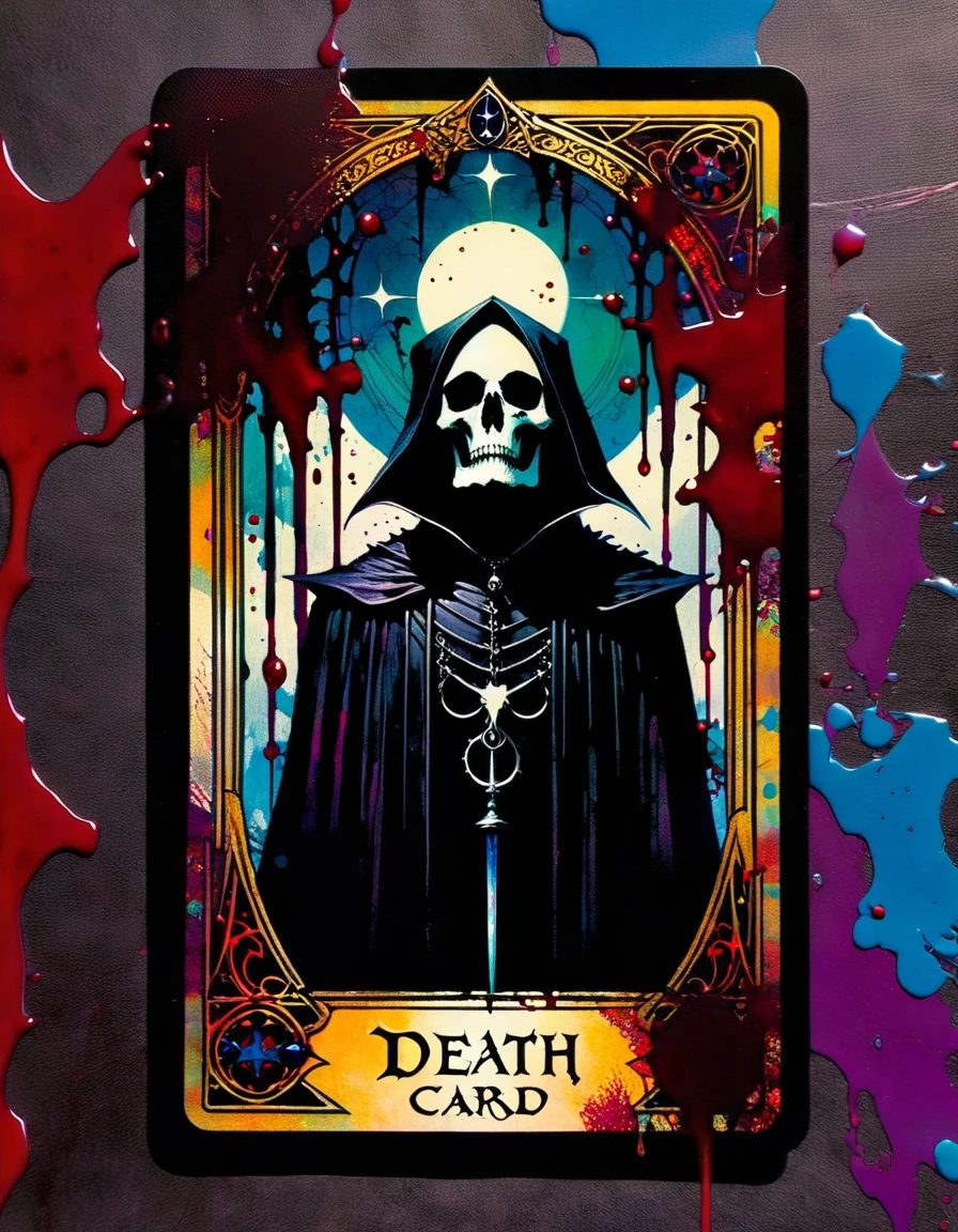 a tarot card depicting the death card, detailed dark gothic tarot card frame, vivid colors, blood splatter, art inspired by Bill Sienkiewicz
