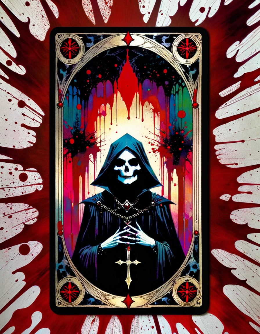 a tarot card depicting the death card, detailed dark gothic tarot card frame, vivid colors, blood splatter, art inspired by Bill Sienkiewicz
