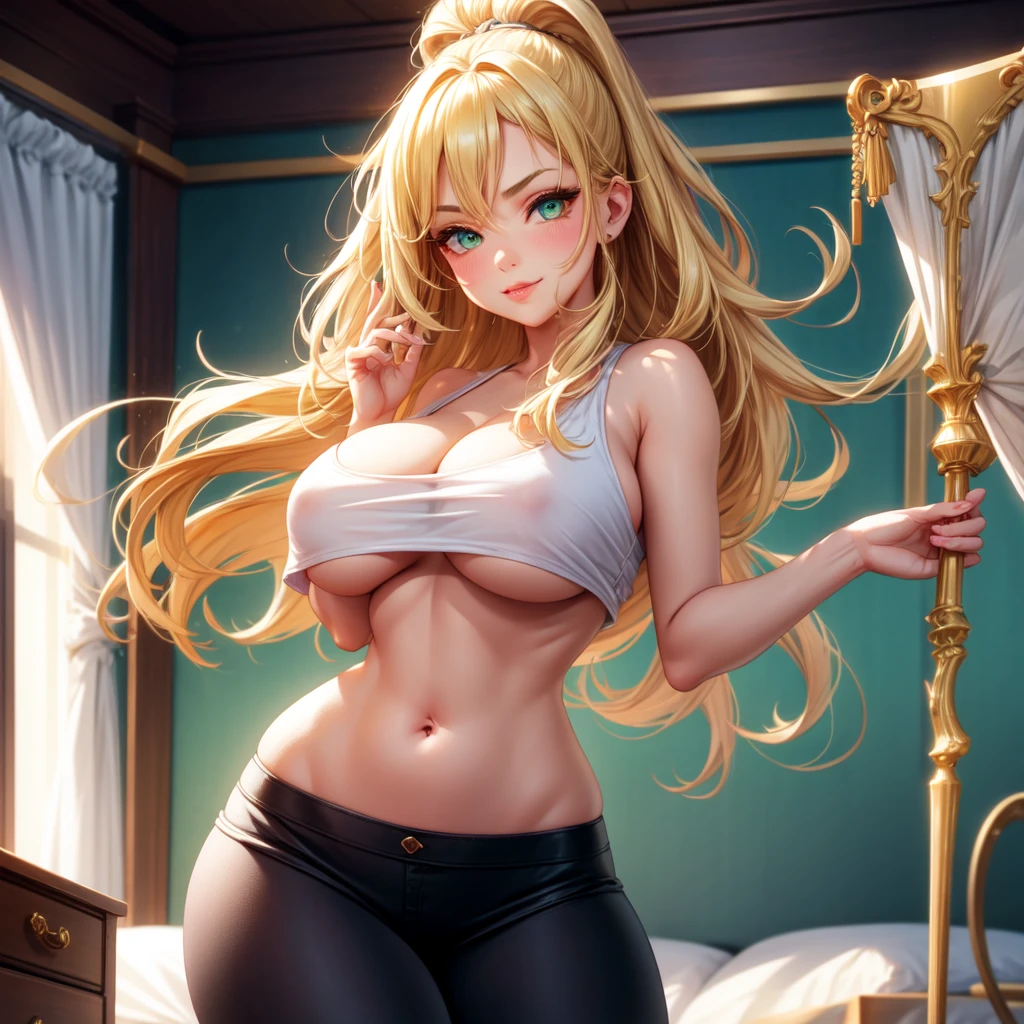 One girl, solo, round breasts, clevage, curvy body, realistic, blonde hair, light green eyes, amazing big eyes, eye details, eyebrow details, black crop top, skirt, big lips, blush, confident, dominant, bdsm, smirk, naughty, mischevious face, HD, good quality, crop top, curvy, standing up, bedroom, looking at camera