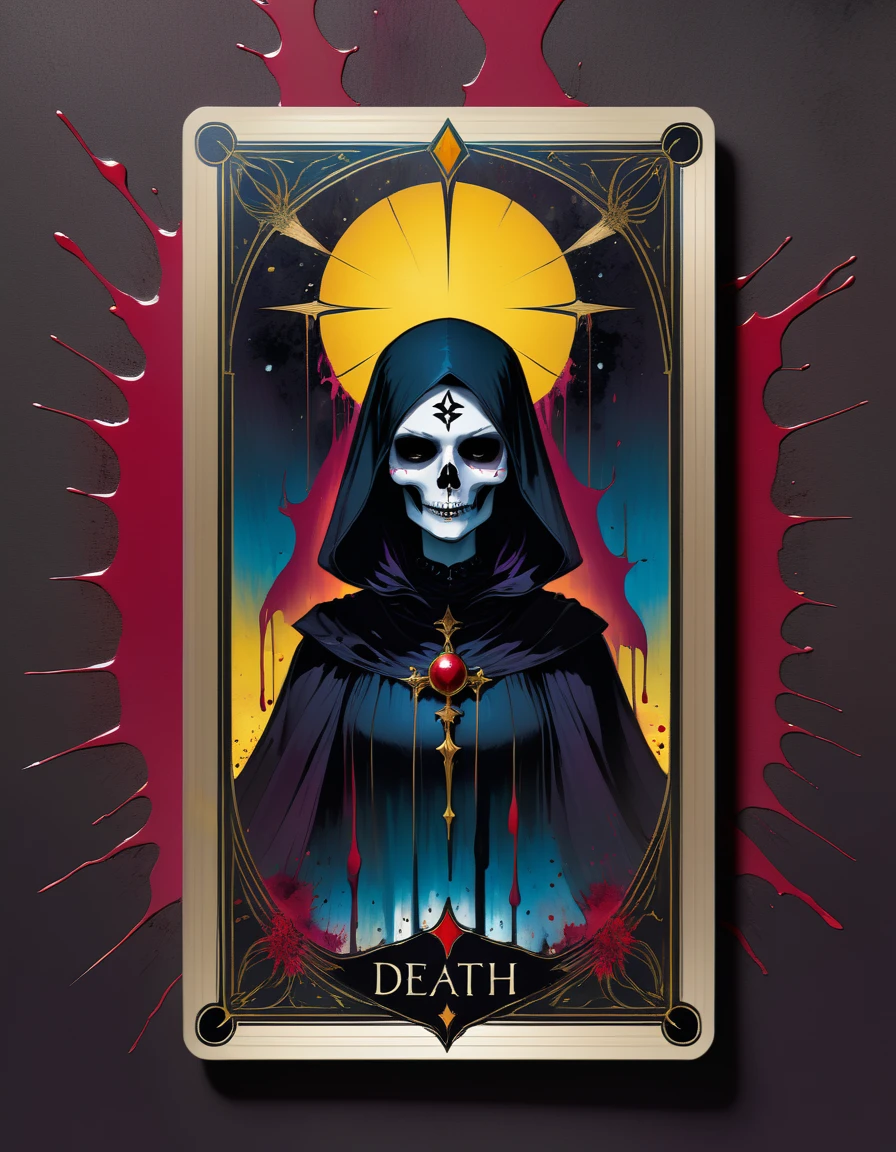 a tarot card depicting the death card, detailed dark gothic tarot card frame, vivid colors, blood splatter, art inspired by Bill Sienkiewicz