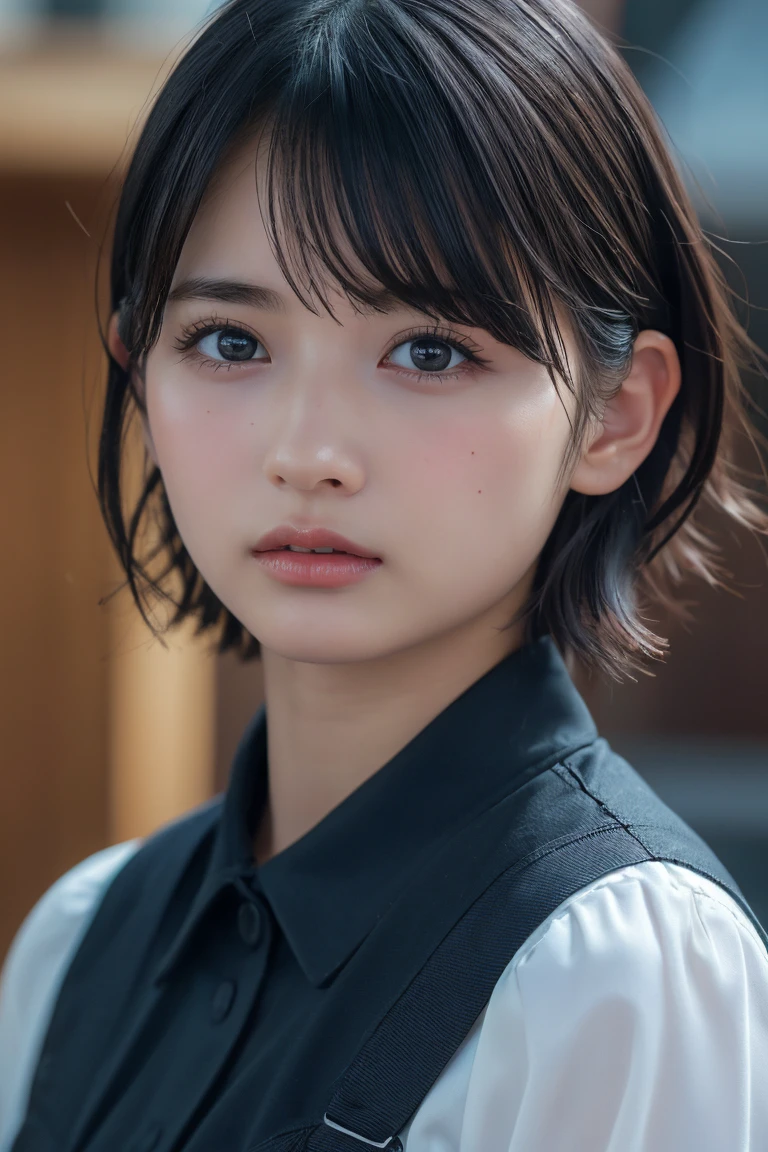 , Long blown by the wind [Blue-black:.3] hair,View your viewers, (masterpiece:1.3), (8k, Realistic, RAW Photos, Highest quality: 1.4), Japanese, (One girl), Beautiful Face, (Realistic Face), (black hair, short hair:1.3), beautiful hairstyle, Realistic eyes, Beautiful attention to detail,Deep-set eyelids,  (Realistic Skin), Beautiful Skin, Charm, Ultra-high resolution, Ultra-realistic, Very detailed, Baby Face, cute, The eyes are small, 前hairは長く分けている