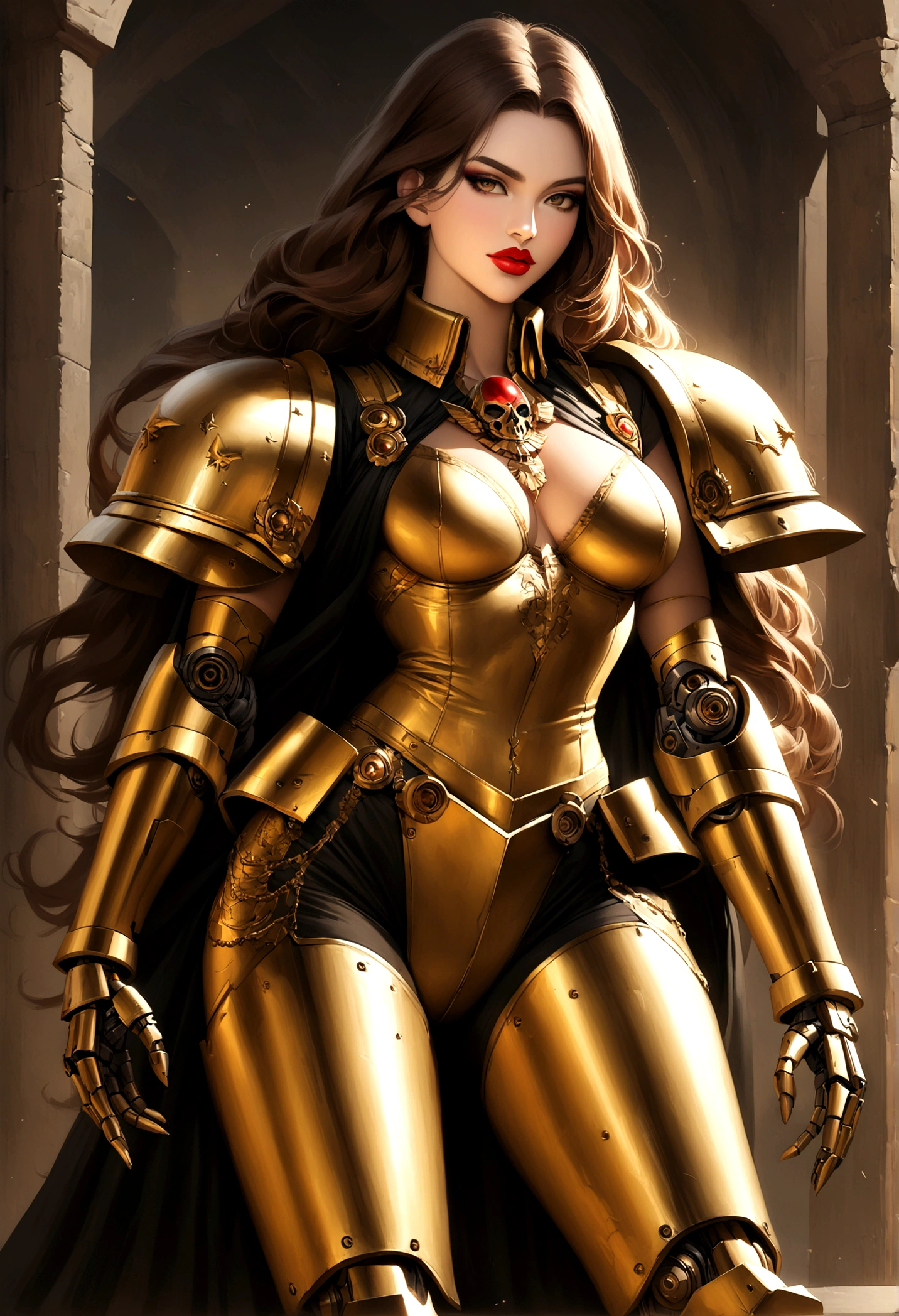 Create an image of the most stunningly beautifully gorgeous perfect young sexy Girl, Stunningly gorgeous perfect face, perfect makeup, lipstick, black & gold bio mechanical arms, black & gold bio mechanical legs, black & gold torso, realistic smooth skin, long luscious hair, warhammer 40k world,