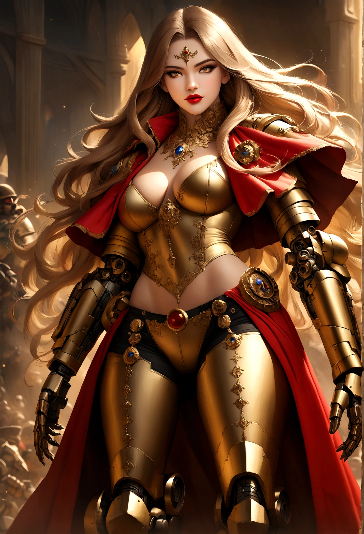 Create an image of the most stunningly beautifully gorgeous perfect young sexy Girl, Stunningly gorgeous perfect face, perfect makeup, lipstick, black & gold bio mechanical arms, black & gold bio mechanical legs, black & gold torso, realistic smooth skin, long luscious hair, warhammer 40k world,