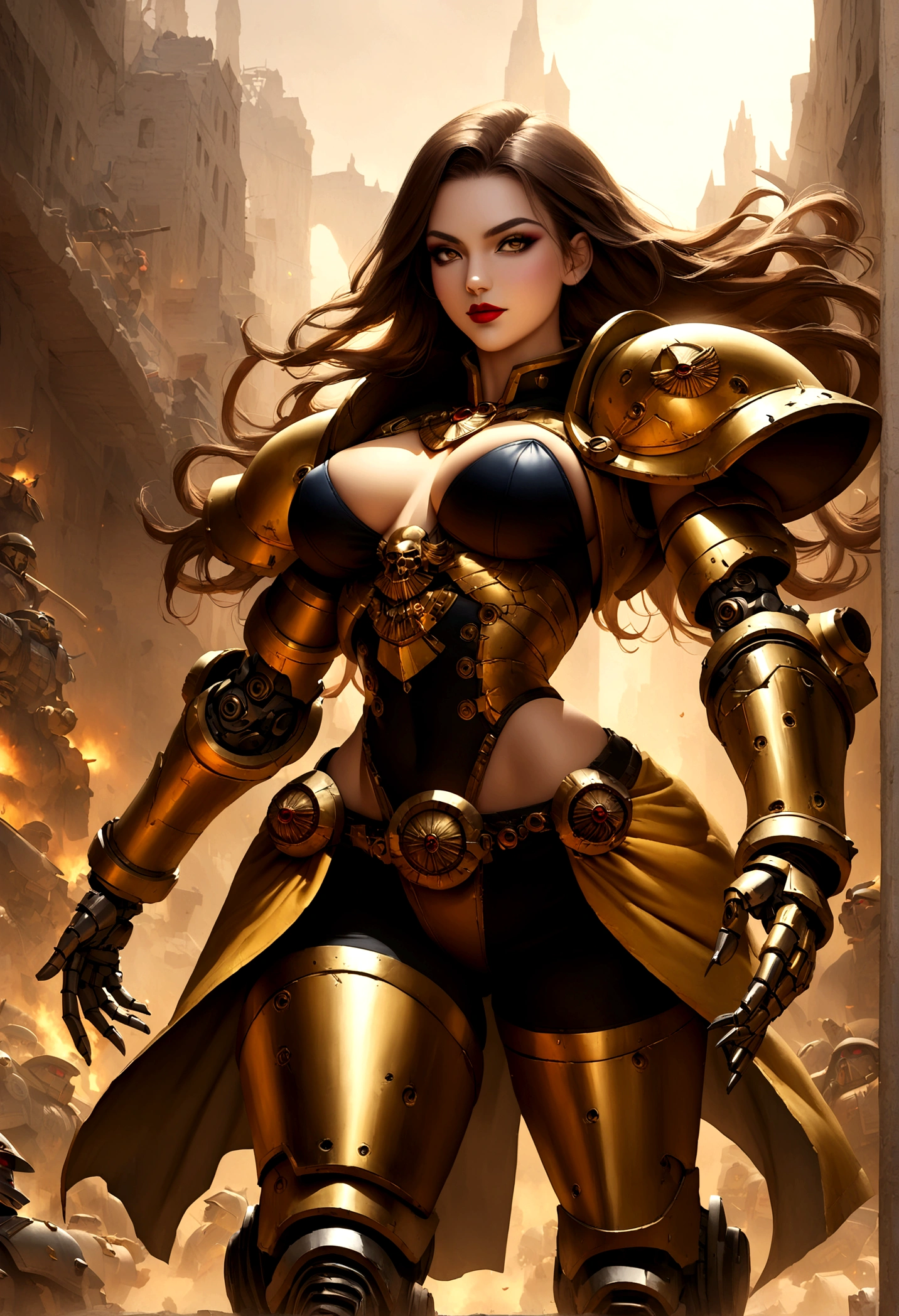 Create an image of the most stunningly beautifully gorgeous perfect young sexy Girl, Stunningly gorgeous perfect face, perfect makeup, lipstick, black & gold bio mechanical arms, black & gold bio mechanical legs, black & gold torso, realistic smooth skin, long luscious hair, warhammer 40k world,