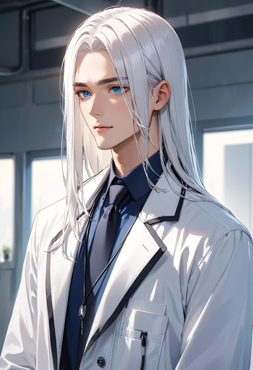 Handsome man、White Hair、Straight Hair、doctor's white coatを着ている、Blue Eyes