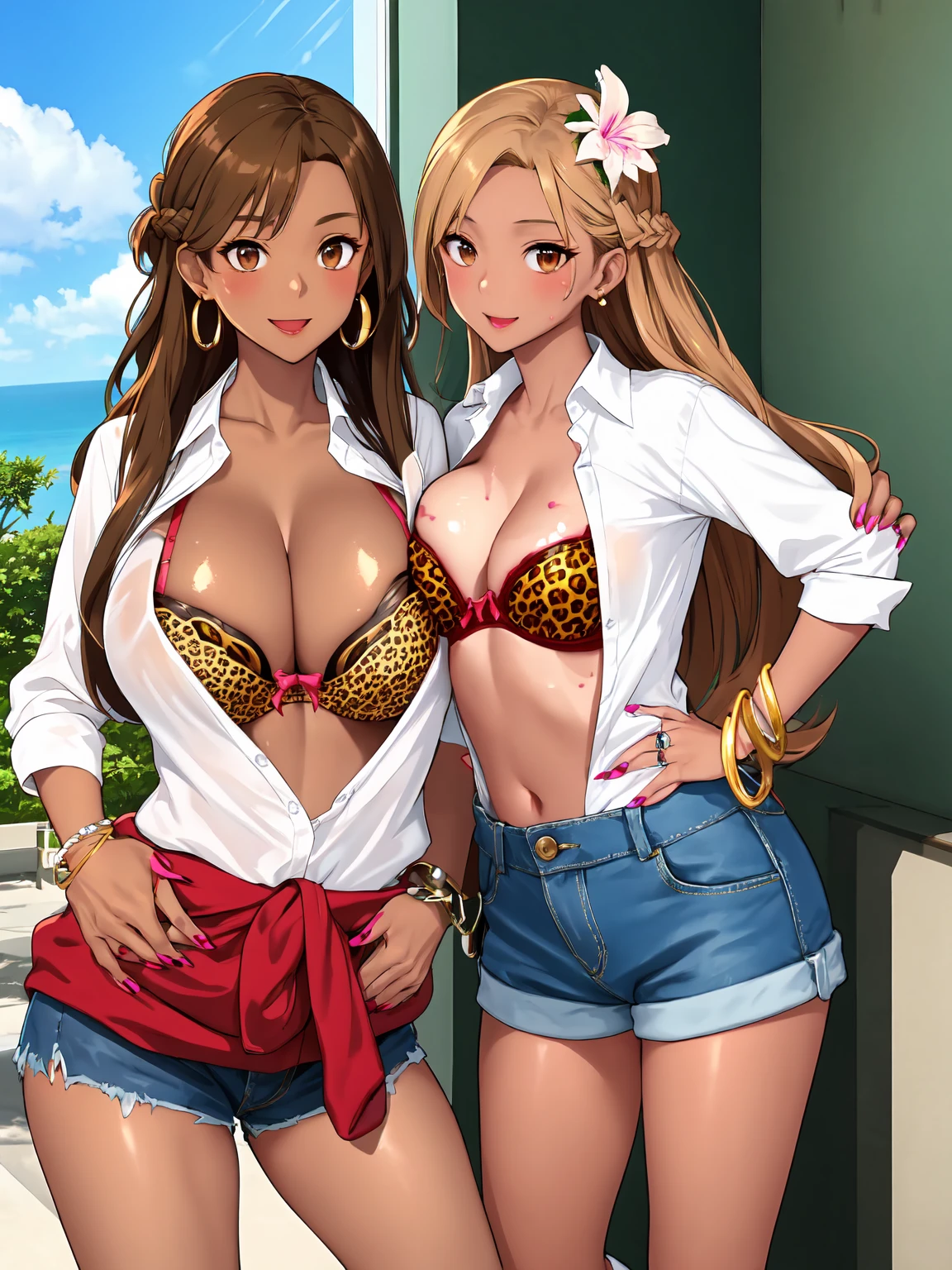 masterpiece, Highest quality, High resolution, Ahh sun, Long Hair, Brown Hair, Braiding, Brown eyes,  Earrings, Kogaru Gal, jewelry, hair ornaments, bracelet, (Sunburn), (compensate), Polished nails, Long nails, Saggy breasts, Huge breasts, Dress shirt, Denim shorts, Bra Peek, leopard pattern, Dark Skin, 😄, Hands on hips