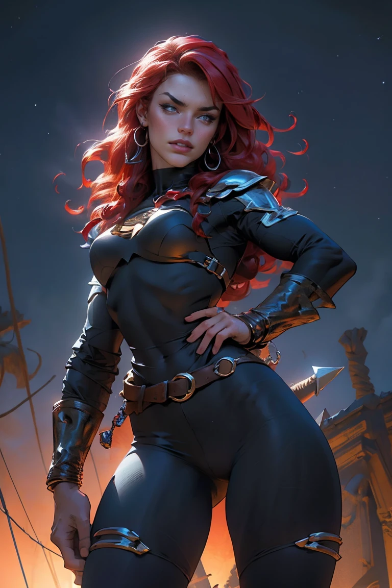 (masterpiece, best quality, ultra detailed, absurdres)1.5, 2girls, (sexy, beautiful woman, perfect face, perfect eyes, perfect female body, huge breasts)1.5, (missfortune, miss fortune \(league of legends\), armor, shoulder armor, pants, cleavage, gloves, jewelry, hoop earrings, knee boots, long hair, red hair, <lora:miss:0.7>), (standing, outdoors, pirate ship, sunset), perfect lighting, smooth, hdr