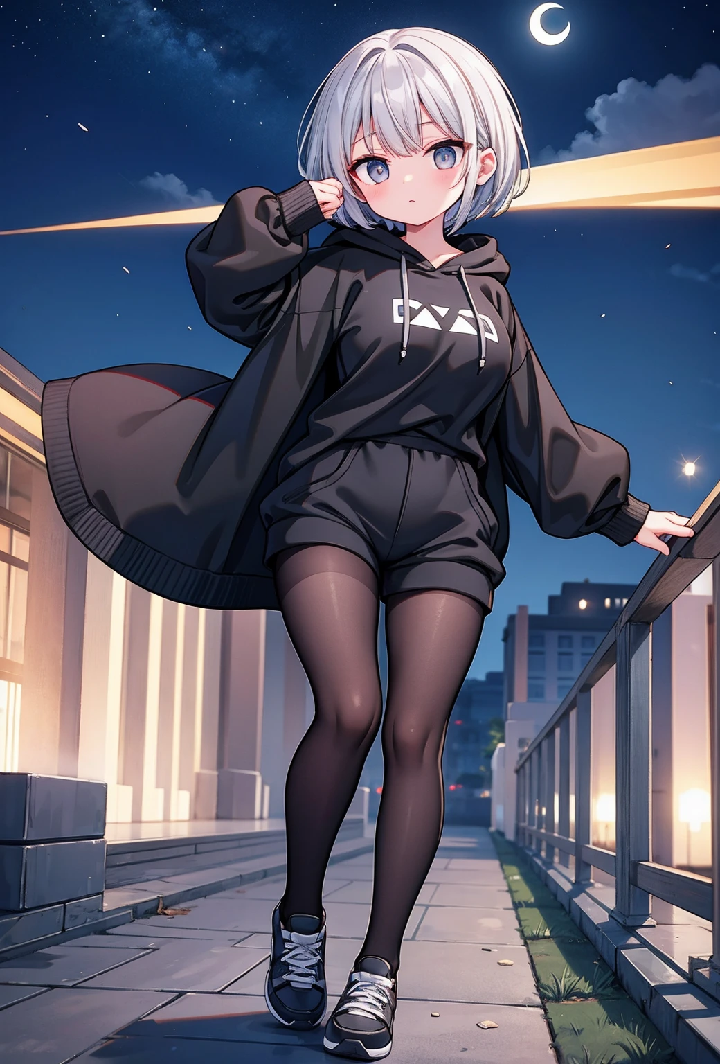 1 Sister、Braided side up short hair、dark grey HAIR、Golden Eyes、Black 3/4 length hoodie with hood、A hoodie that clearly shows your body lines、Very big breasts、Black shorts、Gray sneakers、Black Pantyhose、Doing parkour moves、Floating in the air、A pale-white garden at night、Pale Crescent Moon、Beautiful waistline