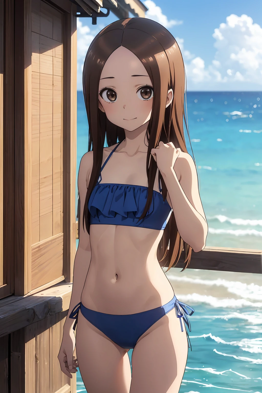 Browsing Caution (4kquality, 最高quality, Takagi1, Brown eyes, length_hair, Ultra-small_chest,)A vivid face Blue Bikini 16Year Sexy pose Fascinating Beautiful Abs 綺麗なOcean岸 Ocean