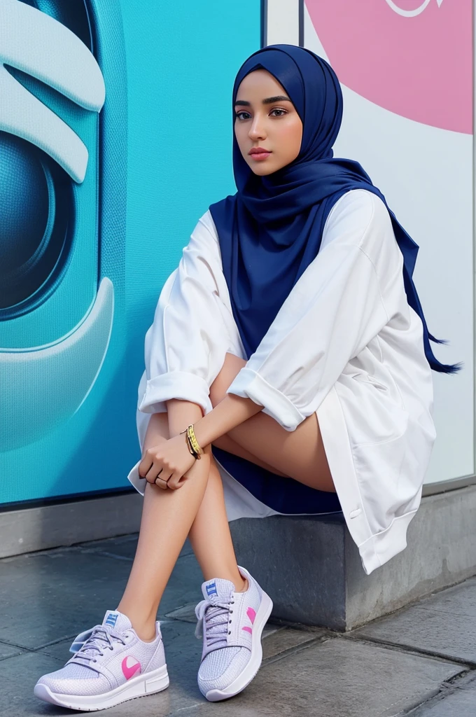 Create a female 3D illustration of an animated character sitting casually on top of a social media logo Whatsapp. The character must hijab and sneakers shoes. The background of the image is a social media profile page with a user name Almas Shaikh and a profile picture that match.