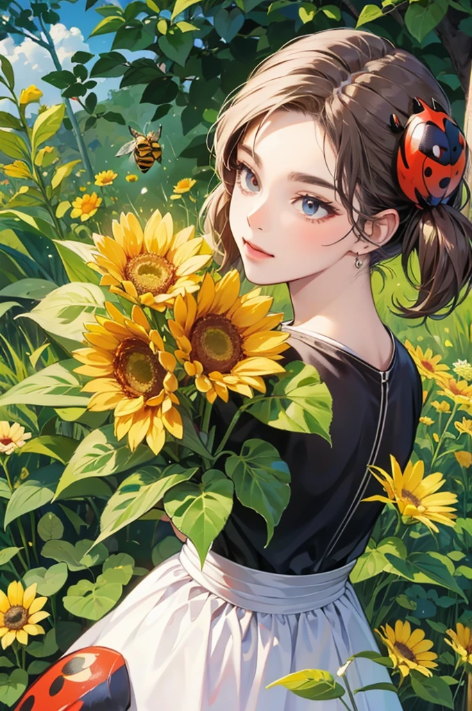 bees and ladybug pollonating a flower cartoon)