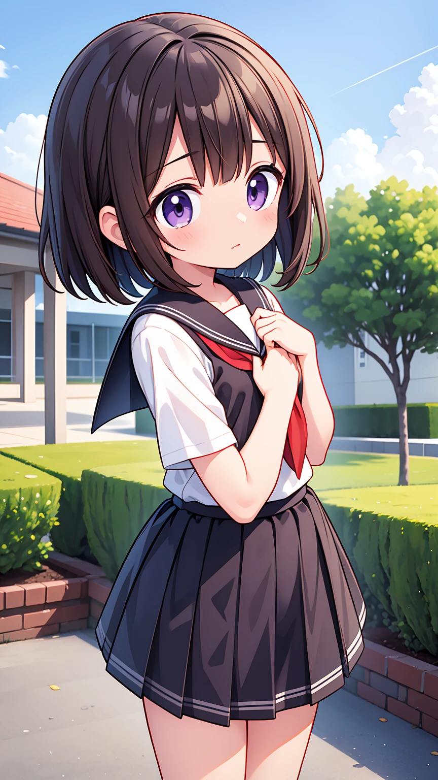 (High quality), (masterpiece), (very detailed), girl, (flat chest:1.6), short brown hair, purple eyes, shy face, primary school girl, white blouse, black skirt with pleats, (loli), showing her thighs, on the school yard, sunny, school girl, (sailor uniform), confessing his love towards the viewer, spectator looked under her, adorable eyes, (school uniform)