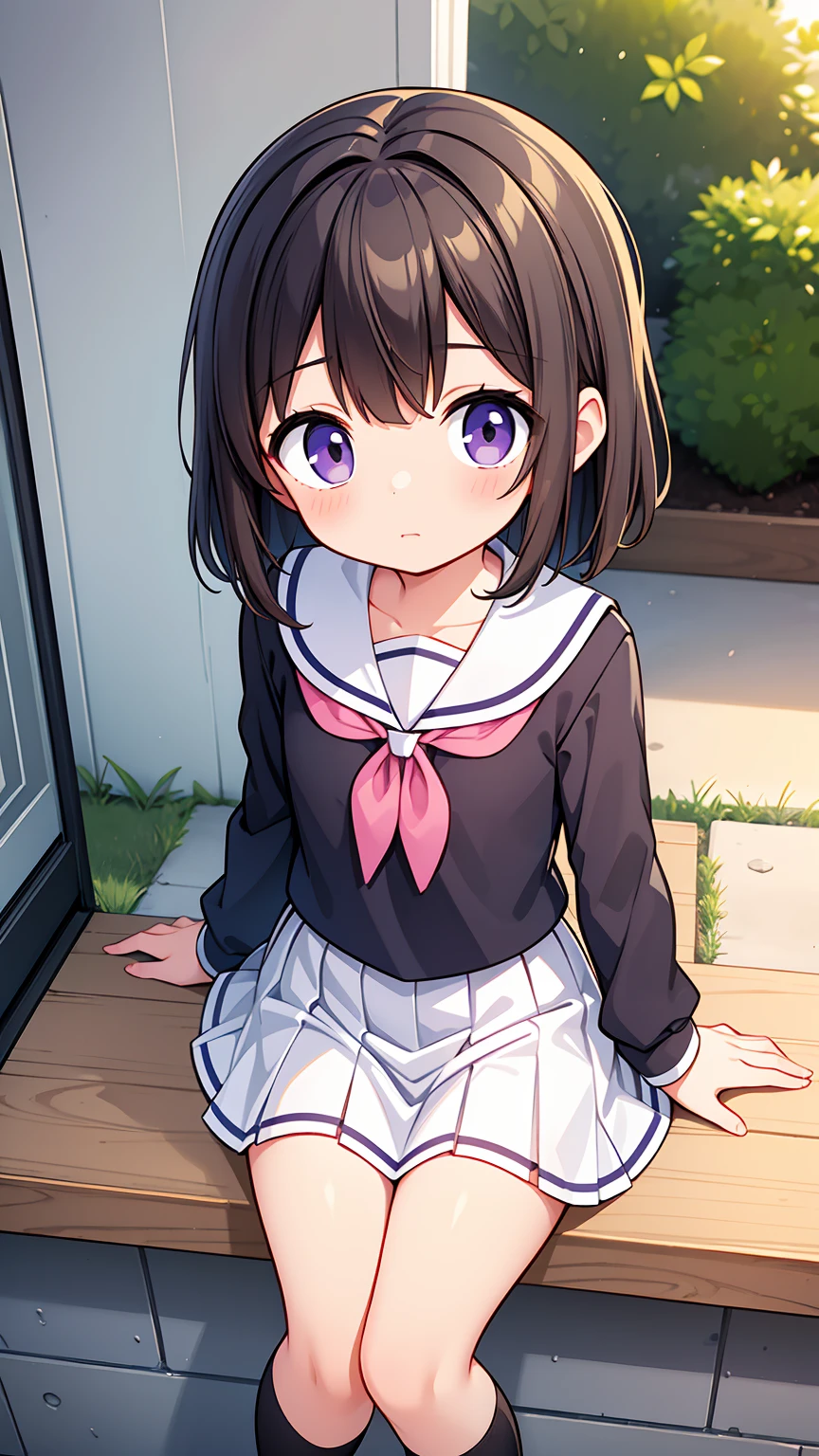 (High quality), (masterpiece), (very detailed), girl, (flat chest:1.6), short brown hair, purple eyes, shy face, primary school girl, white blouse, black skirt with pleats, (loli), showing her thighs, on the school yard, sunny, school girl, (sailor uniform), confessing his love towards the viewer, spectator looked under her, adorable eyes, (school uniform)