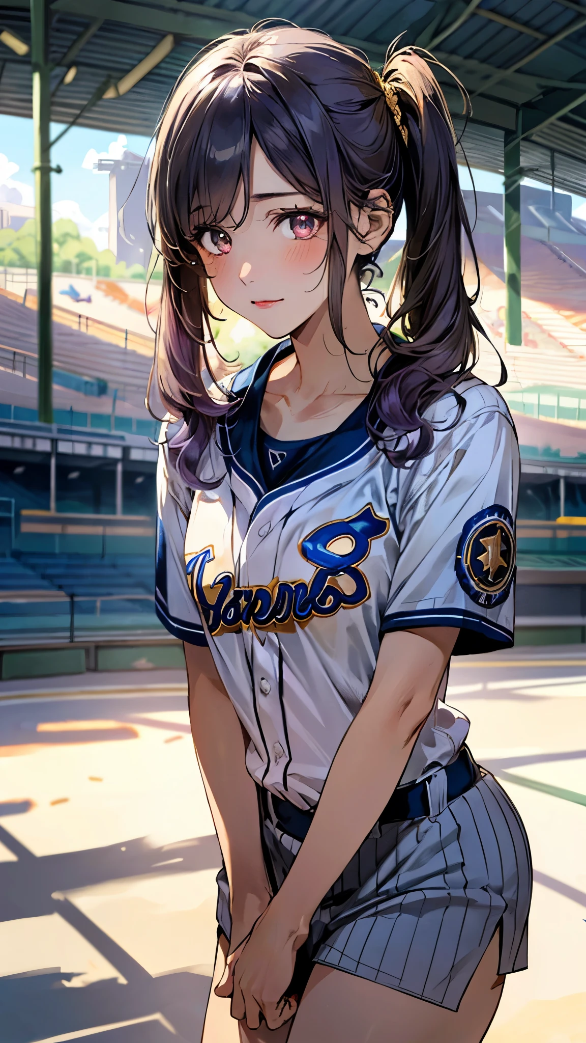 (masterpiece:1.3, top-quality, ultra high res, ultra detailed), (realistic, photorealistic:1.4), beautiful illustration, perfect lighting, natural lighting, colorful, depth of fields, ,
beautiful detailed hair, beautiful detailed face, beautiful detailed eyes, beautiful clavicle, beautiful body, beautiful chest, beautiful thigh, beautiful legs, beautiful fingers, shiny skin,
looking at viewer, 1 girl, high school girl, baseball cosplay, (perfect anatomy, anatomically correct, super detailed skin), cute and symmetrical face, face, perfect face, perfect eyes, ,
(long hair:1.5, low twintails:1.5, light purple hair), swept bangs, gold eyes, drooping eyes, big eyes, long eye lasher, (medium breasts, seductive thighs), skin dendation,
(detailed cloth texture, baseball uniform:1.2),
(beautiful scenery), summer, late afternoon, (baseball stadium:1.1), standing, (triumph expressions), diffused natural sunlight, diffused natural skin glow,