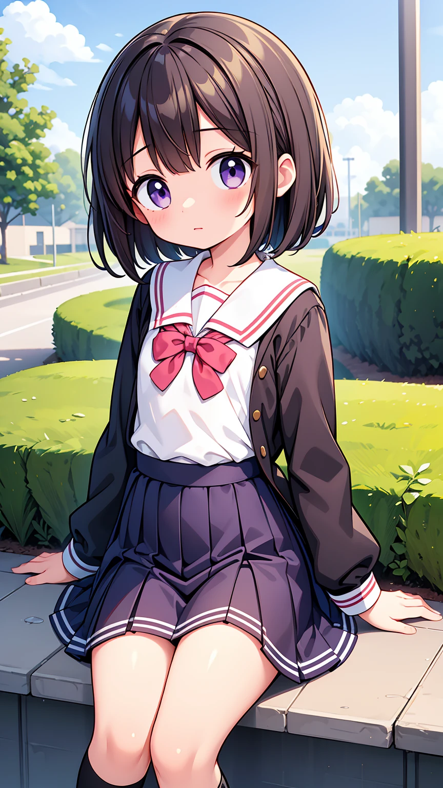 (High quality), (masterpiece), (very detailed), girl, (flat chest:1.6), short brown hair, purple eyes, shy face, primary school girl, white blouse, black skirt with pleats, (), showing her thighs, on the school yard, sunny, school girl, (sailor uniform), confessing his love towards the viewer, spectator looked under her, adorable eyes, (school uniform)