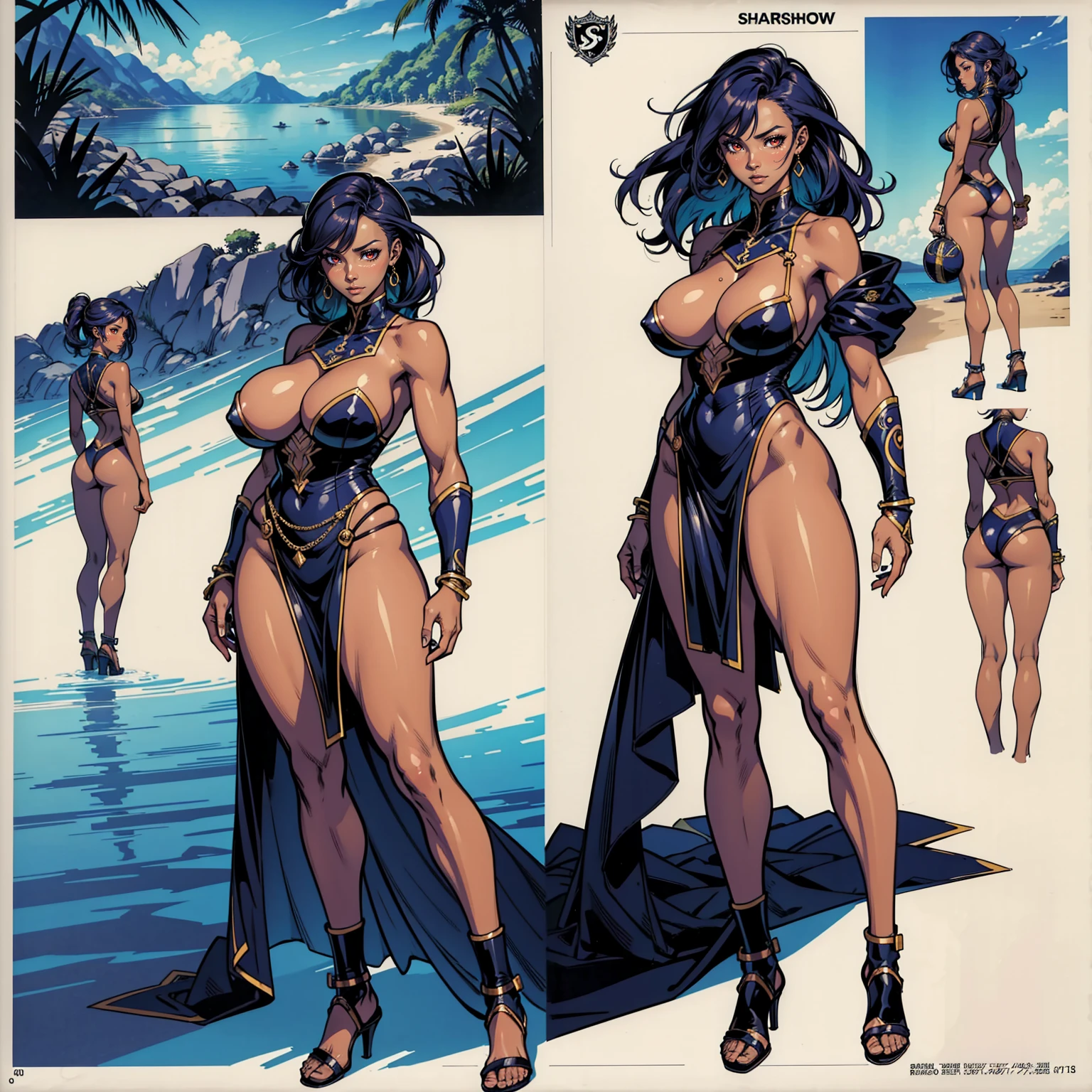 Masterpiece, Ultra extremely detailed, Insanely Definition - quality, 8k, (vibrant colors,vibrant theme), (intricate), full body , NSFW African Woman, dark toned skin, huge breast, athletic, dark dress, sweating , sea, dolphin , full body view, full shot, front view, back view, character design, character sheet, red eyes, strong highlights, sharp outlines, sharp shadows, 8k, high quality, solid white background, cell shading ,perfect body curve, full character sheet, full body, multiple poses and expression on white background, comic book art style